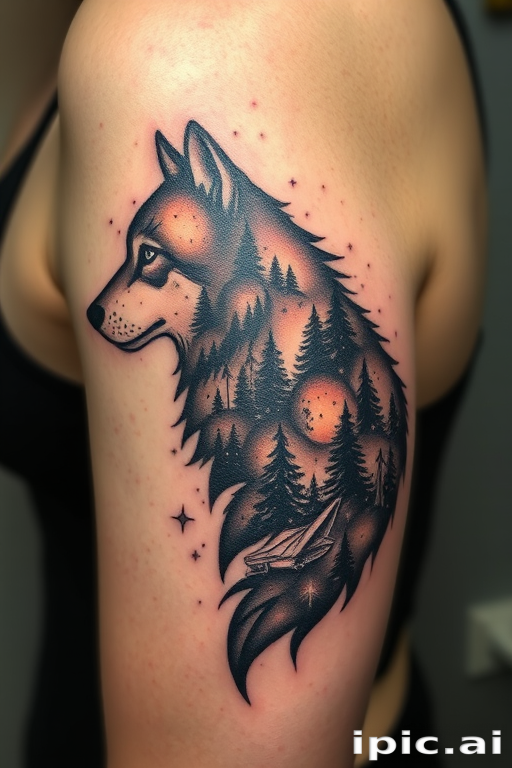 nature-inspired dotwork tattoo featuring a majestic wolf silhouette filled with intricate forest scenes and constellations, gradually fading into the skin for a ethereal effect