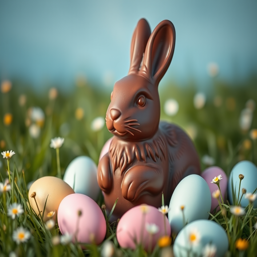 A beautifully crafted chocolate Easter bunny surrounded by pastel-colored eggs in a grassy field with delicate flowers, photographed with a Canon EOS R5 at f/2.8, 50mm lens, soft focus, natural lighting, high resolution.