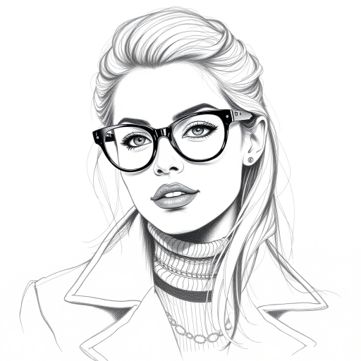 Beautiful Margot Robbie, pencil sketch, portrait of beautiful woman 60s in glasses, hair style beatnik, outline, clear lines, fine lines, 8k