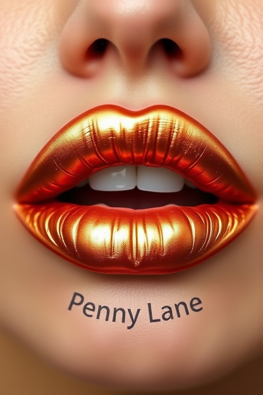 Metallic copper lips with a foiled finish, named "Penny Lane," boast a unique metallic sheen and a creamy, comfortable formula