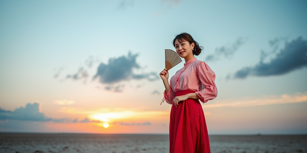 A woman in a pink vintage blouse and red skirt holding a fan, standing on a desolate beach at sunset, with soft clouds in the sky; shot with a Canon EOS R5, 50mm lens, aperture f/1.8, ISO 100, shutter speed 1/200s, natural light, portrait orientation.