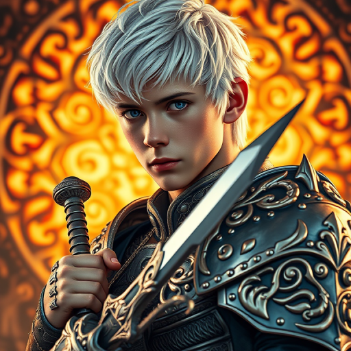Create a highly detailed fantasy warrior image featuring a young man with white hair and blue eyes, wearing ornate silver armor and holding a sword, set against a glowing, intricate background, captured with a Canon EOS R5, 50mm lens, f/1.8 aperture, ISO 100, in dramatic lighting for enhanced depth and vibrancy.