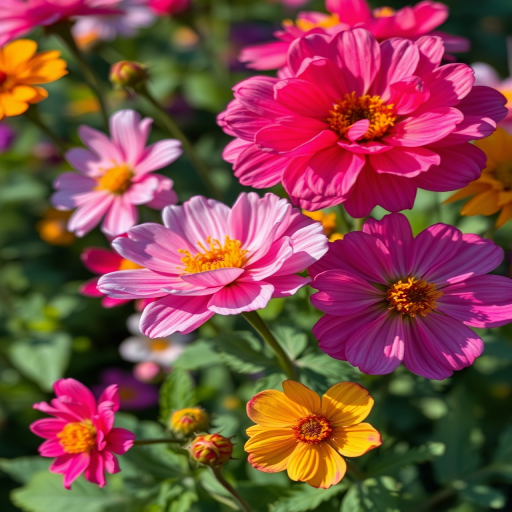 Create an impressionistic painting of blooming flowers with vibrant colors, using a Canon EOS R5, f/2.8 aperture, 1/250 shutter speed, 50mm lens, shot in natural light to enhance details and texture.