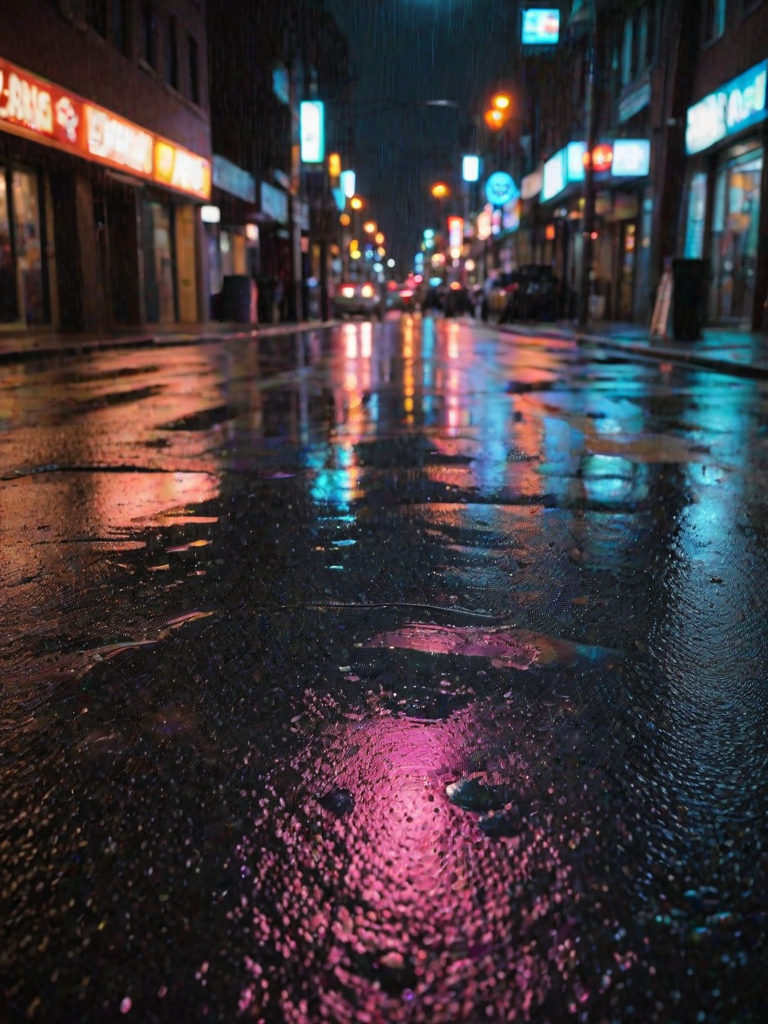 Sharp, detailed photo of a city street reflected in a rain puddle, soft neon lights from nearby signs casting colorful streaks across the wet pavement, and the quiet aftermath of a storm.