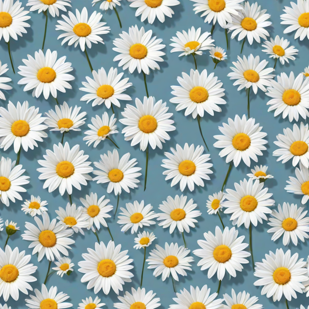 Create a seamless pattern featuring a light blue background filled with white daisies. Each daisy should have a bright yellow center and a simple, clean design. The flowers should be evenly spaced, creating a harmonious and cheerful floral pattern.