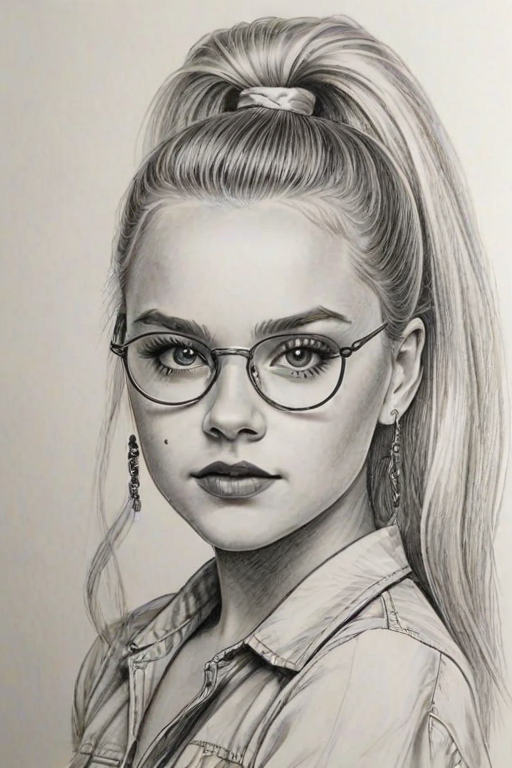 Charming JoJo Siwa, pencil sketch, portrait of Bewitching woman 1974s in glasses, hair style beatnik, outline, clear lines, fine lines, 8k