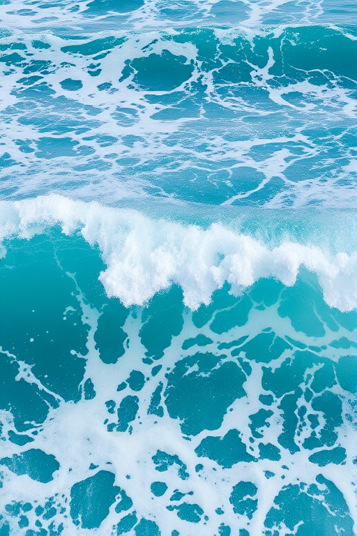 High-resolution image of ocean waves with vibrant turquoise and white foam, photographed with a DSLR camera, 24mm lens, aperture f/8, shutter speed 1/500s, ISO 200, using a wide-angle view to capture the dynamic movement of the water.