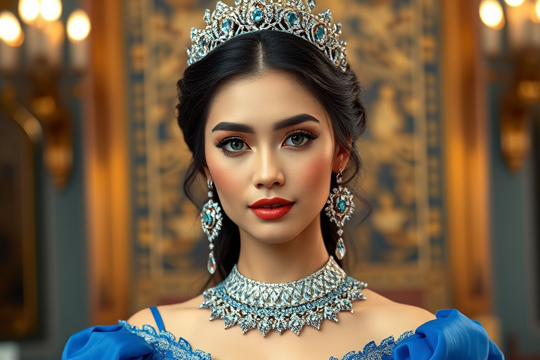 A gorgeous Uyghur woman in a luxurious blue gown, accessorized with a dazzling tiara and statement earrings, her deep green eyes highlighted by impeccable makeup, poised in a royal setting, photorealistic, 8K quality