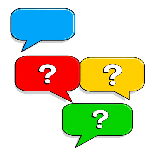 Create a vibrant graphic of four colorful speech bubbles in blue, red, yellow, and green, each containing a question mark, with a white background; use a digital illustration style with high contrast and sharp edges, simulating a 50mm lens at f/2.8 for a crisp finish and enhanced color saturation, ensuring a clean and modern aesthetic.