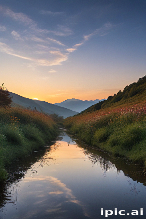 A Serene Sunset Reflection Over a Calm Stream Surrounded by Lush Hills.