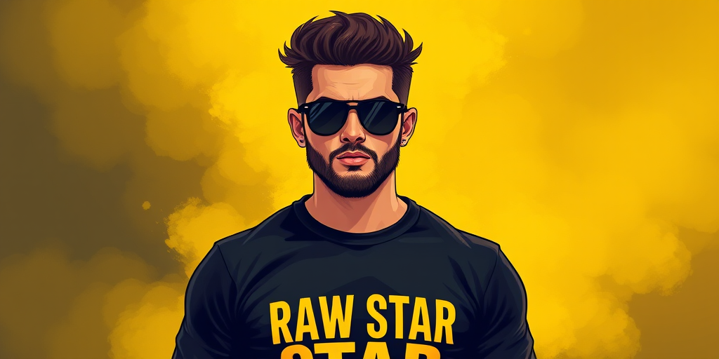 Generate an illustrated portrait of a confident man wearing sunglasses and a black long-sleeve shirt with the text "RAW STAR," surrounded by a dramatic yellow smoky background, using a Canon EOS R5 camera with a 50mm lens, aperture f/1.8, ISO 100, and soft diffused lighting to enhance color vibrancy and detail.