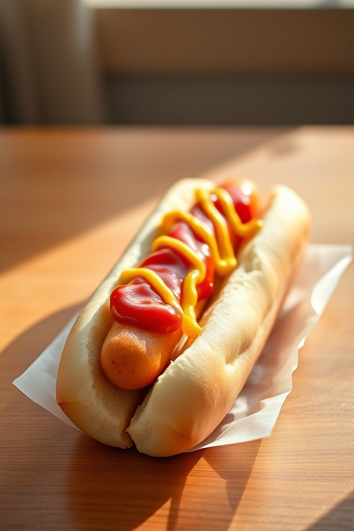 Create a high-resolution digital illustration of a hot dog with ketchup and mustard on top, captured with a Canon EOS R5 at f/2.8, 1/200s, ISO 100, in a natural light setting with a slight overhead angle for depth.
