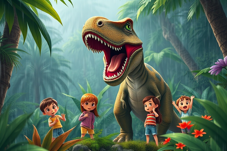 Create an illustration of a friendly dinosaur and a group of amazed children in a jungle setting during a rainstorm, using a Canon EOS R5 with a 24-70mm lens at f/5.6, ISO 200, 1/200 sec, shot from a low angle with vibrant colors and detailed textures.