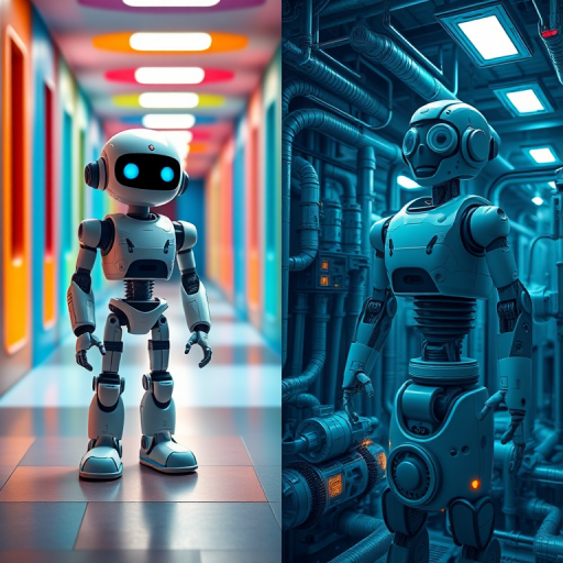 Create a high-resolution digital artwork of two contrasting robotic scenes: on the left, a whimsical robot standing in a colorful corridor, with vibrant blues and warm oranges, and on the right, a detailed industrial robot in a high-tech control room with pipes and glowing elements; use a Canon EOS R5, 35mm lens, f/2.8 aperture, ISO 100, and a slight vignette effect to enhance depth.