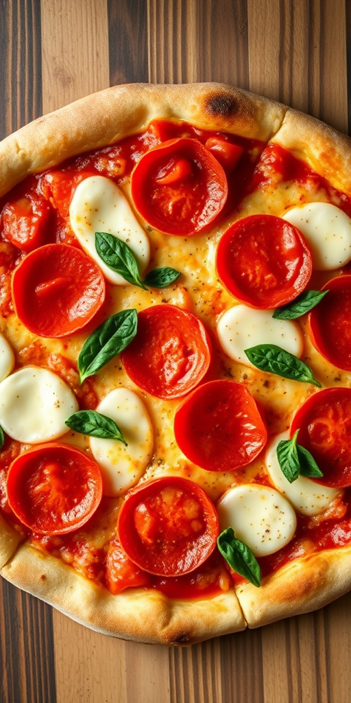 photograph of a freshly baked pizza topped with sliced pepperoni and mozzarella cheese, overhead view, natural light, shallow depth of field, f/2.8 aperture, ISO 100, 50mm lens, DSLR camera