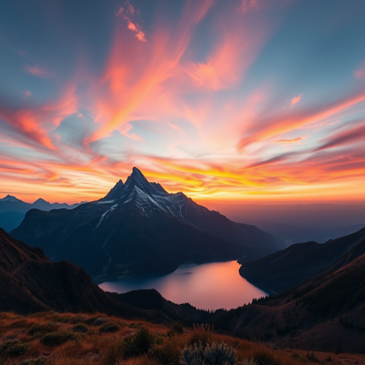 Generate a high-resolution image of a serene mountain landscape at sunrise, using a Canon EOS R5, 24mm lens, f/8 aperture, ISO 100, and a focal length of 24mm, with a wide-angle view capturing the expansive sky and reflective lake in the foreground, emphasizing vivid colors and fine details.