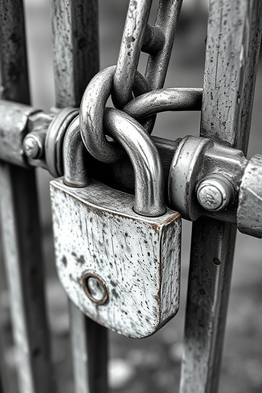 create a high-resolution black and white sketch of a close-up view of a rusty lock and chain on a metal gate, with a shallow depth of field, using a DSLR camera with a 50mm lens at f/1.8, ISO 100, and a shutter speed of 1/200s, focusing on the textures and details of the metal surfaces