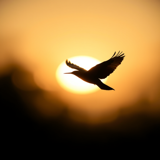 Regenerate the image of a stylized silhouette of a bird in flight, captured with a Canon EOS R6, 50mm f/1.2 lens, ISO 200, aperture f/2.8, shutter speed 1/4000s, natural light, and a shallow depth of field for a smooth background bokeh effect.