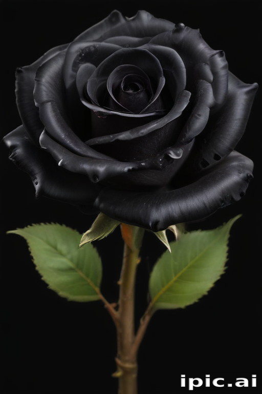Elegant Black Rose with Dew Drops Against a Dramatic Dark Background