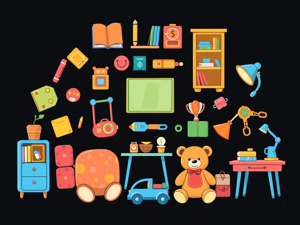 Create a colorful illustration of various children's items including a book, toy car, teddy bear, bookshelf, desk, and more, using a vibrant cartoon style, captured with a DSLR camera at f/2.8 aperture, ISO 100, and a 50mm lens for detailed focus on the objects against a plain black background.
