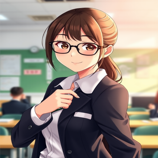 a high-resolution anime-style image of a young woman with glasses wearing a business suit in a classroom setting, dynamic pose capturing her confidence, soft natural lighting, f/2.8 aperture, ISO 200, 50mm lens, portrait orientation, shallow depth of field, 4k resolution