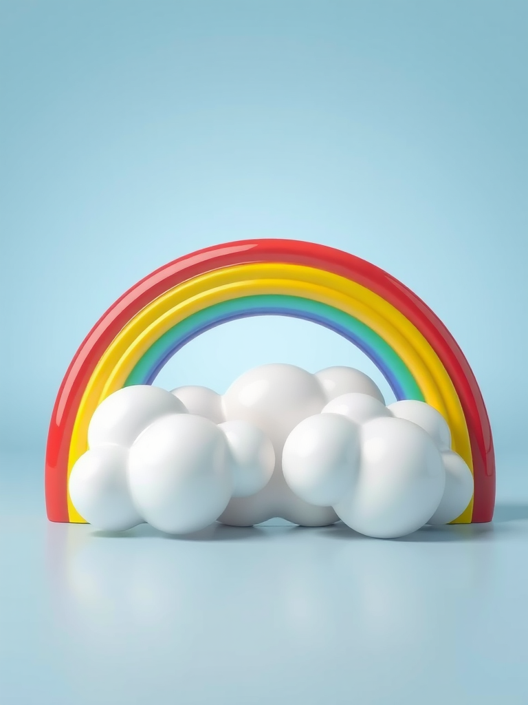 Create a high-resolution 3D illustration of a glossy rainbow with vibrant colors arching above two shiny white clouds on a soft blue background, shot with a DSLR camera at f/2.8 aperture, ISO 100, 50mm lens, and a studio lighting setup to enhance reflections and depth.