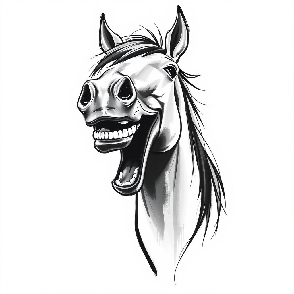 Abstract black and white acrylic portrait of an over exaggerated laughing (horse). Minimalism style. White background.