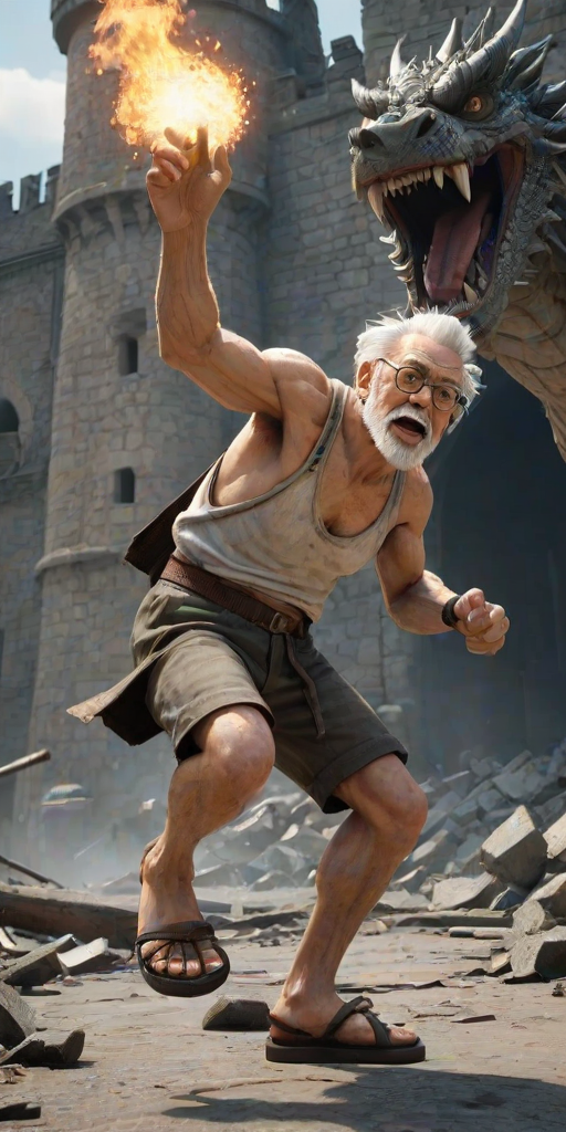Cartoon 3D High-Resolution,dynamic battle scene using Unreal Engine 5 and Octane Render. The scene features back of an elderly, thai man with a beard,messy hair and round golden-rimmed glasses. He is wearing a tattered tank top with soot marks, shorts, and sandals. sweating. he wields a baseball bat. He jump to fight with a white fire-breathing Europe dragon amidst a partially destroyed stone castle. Include intense flames, smoke, and debris to enhance the dramatic effect.