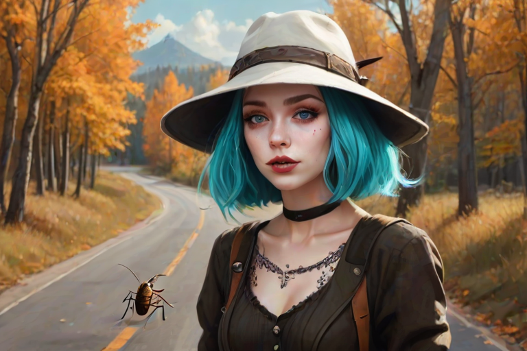 digital art fantasy depicting a strange girl with cyan hair, long eyelashes, white lipstick and a tall hat walking along a winding road on an autumn afternoon, an Cockroach smiles as she passes
