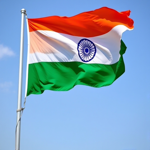 Create a high-resolution image of the Indian flag with vibrant colors, using a DSLR camera at f/8 aperture, ISO 100, 1/200 sec shutter speed, with a landscape orientation and natural lighting to enhance image quality.