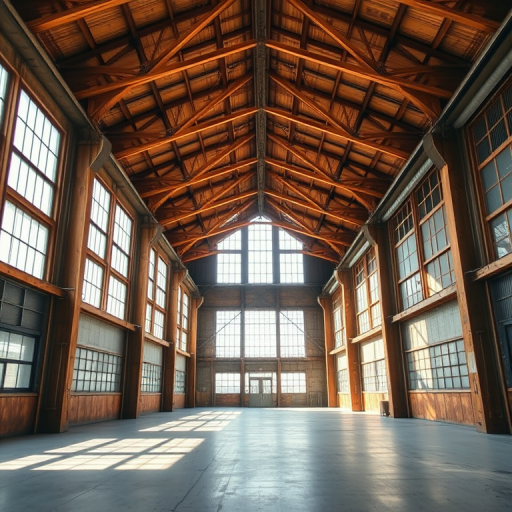 interior of a spacious industrial warehouse with wooden beams and large windows, bright natural light streaming in, wide angle view, 24mm lens, f/8 aperture, ISO 100, HDR photography, digital camera