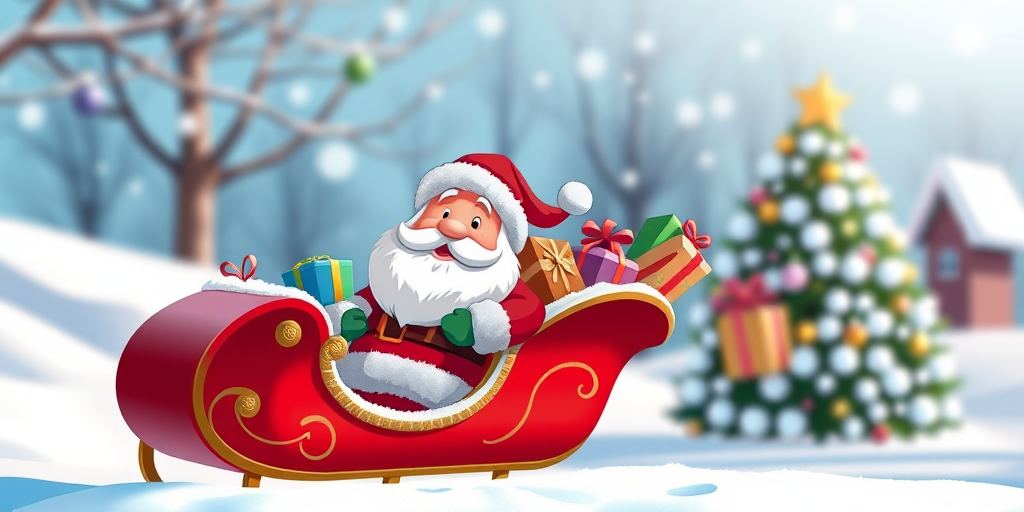 Create a vibrant cartoon image of Santa Claus in his sleigh filled with presents, using a 50mm lens at f/2.8, with a shallow depth of field to focus on Santa, in a bright outdoor setting with soft, diffused lighting, captured using a DSLR camera.