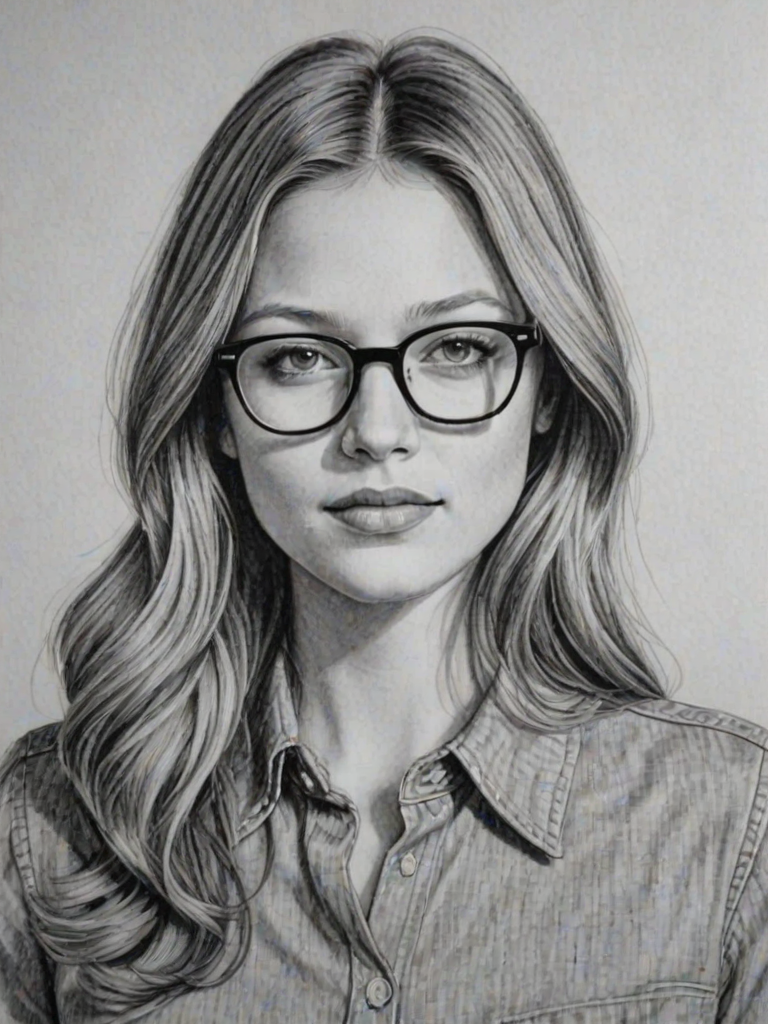 Fascinating Melissa Benoist, pencil sketch, portrait of Comely woman 1973s in glasses, hair style beatnik, outline, clear lines, fine lines, 8k