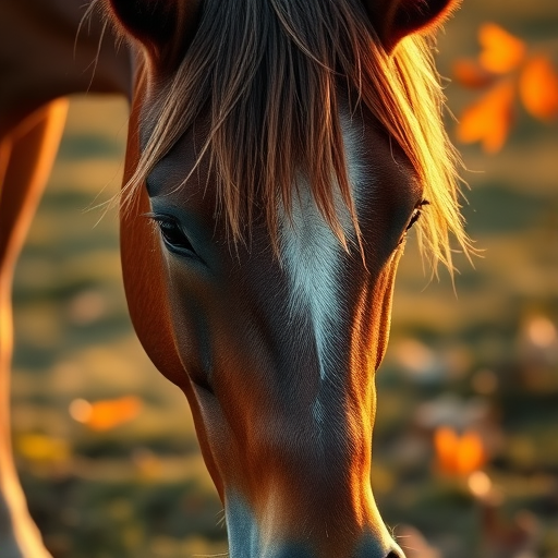 a close-up of a grazing horse with a focus on its head and mane, golden hour lighting, shallow depth of field, ISO 100, f/2.8 aperture, 50mm lens, DSLR camera, warm color tones, natural setting with autumn leaves in soft focus in the background