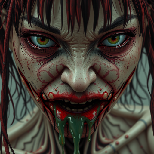 (perspective) of A creepy (ethnicity) zombie cyborg with (descriptive color) skin, (color) lipstick (color) liquid flowing from her eyes and mouth, (perspective two) portrait, (camera angle), extremely detailed, (art style) in the style of Yoshitaka Amano and Tetsuo Hara. --ar 85:128 --style raw --niji 6