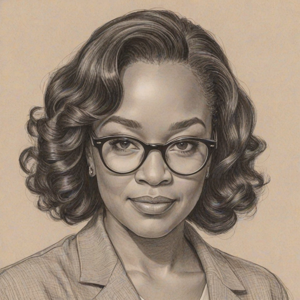 Delightful Shonda Rhimes, pencil sketch, portrait of Superb woman 1958s in glasses, hair style beatnik, outline, clear lines, fine lines, 8k
