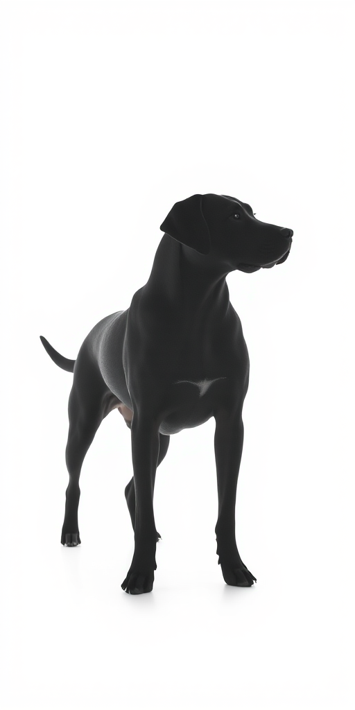 A high-resolution silhouette of a dog standing profile against a white background, captured with a DSLR camera at f/2.8 aperture, 50mm lens, 1/1000 shutter speed, natural light, and a slight vignette effect to enhance the outlines.