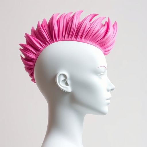 Create a high-resolution vector image of a profile view of a mannequin head with a vibrant pink mohawk hairstyle, using a Canon EOS R5 camera, ISO 100, f/8 aperture, 50mm lens, and soft diffused lighting for enhanced clarity and detail.