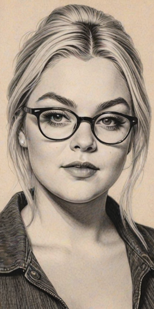 Captivating Elle King, pencil sketch, portrait of Enticing woman 1955s in glasses, hair style beatnik, outline, clear lines, fine lines, 8k