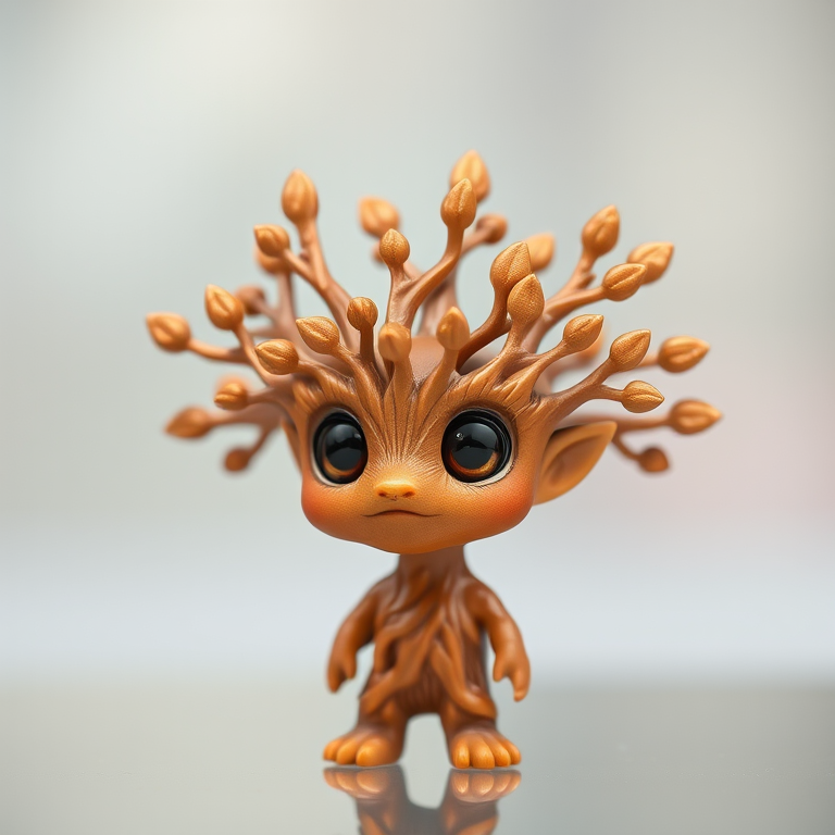 A cute cartoon character resembling a tree-like creature in copper color against a transparent background, captured with a DSLR camera using a 50mm lens, f/1.8 aperture, ISO 100, with a shallow depth of field to enhance details and a soft bokeh effect.