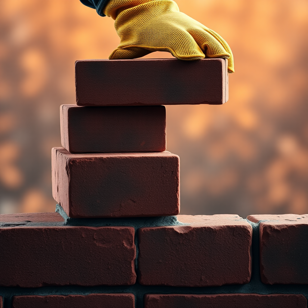 Generate an image of a hand wearing a yellow glove placing a brick on top of a partially constructed brick wall. The background should feature a warm, softly lit environment, highlighting the texture of the bricks and the hand's action.