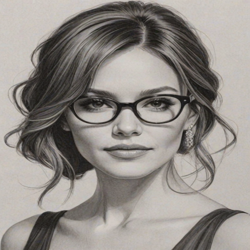 Splendid Katherine McPhee, pencil sketch, portrait of Graceful woman 1966s in glasses, hair style beatnik, outline, clear lines, fine lines, 8k