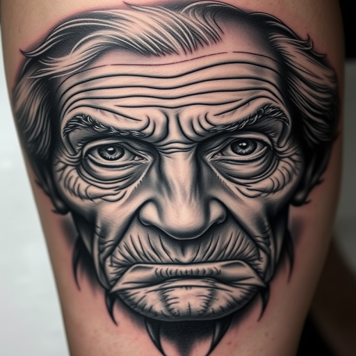 Realistic grayscale tattoo titled "Timeless Portrait" depicting a highly detailed elderly face with deep wrinkles wisdom-filled eyes and weathered skin textures capturing the essence of life's journey through expert shading techniques