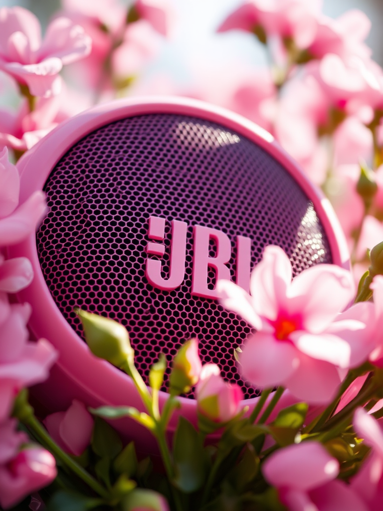 Close-up of a pink JBL speaker surrounded by soft pink flowers, natural light, f-stop 2.8, shutter speed 1/100 sec, ISO 100, macro lens, shallow depth of field.