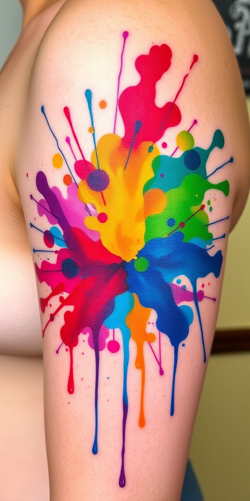 Watercolor splash tattoo titled "Chromatic Explosion" featuring vibrant paint splatters and drips in a rainbow of colors, creating an abstract and energetic design