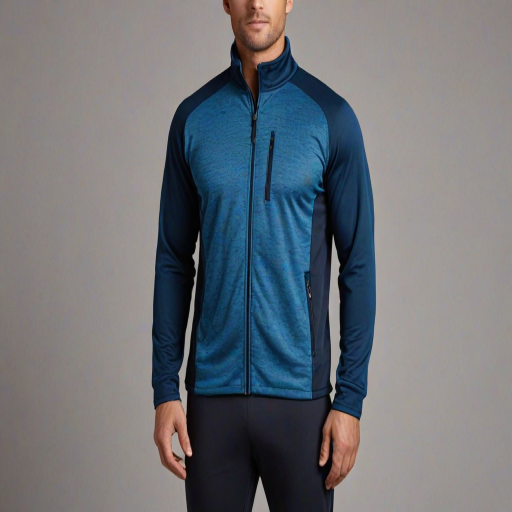 Generate an image of a stylish blue athletic jacket with a high collar and zip-up design, featuring textured fabric and contrasting dark blue side panels.