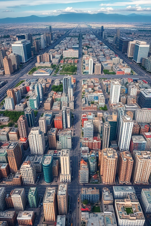 Generate a high-resolution aerial view of a dense urban landscape, capturing a sprawling city with numerous high-rise buildings, mountains in the background, taken with a DSLR camera at f/8 aperture, ISO 100, 1/200 sec shutter speed, using a 24mm wide-angle lens.