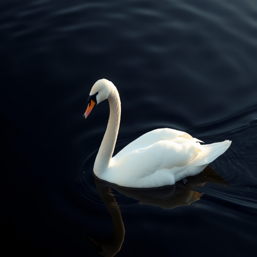 a serene white swan gliding on dark water, reflecting perfectly, taken with a Canon EOS 5D Mark IV at f/4, 1/250s, ISO 400, focused on subject with a shallow depth of field, shot in natural light for enhanced image quality