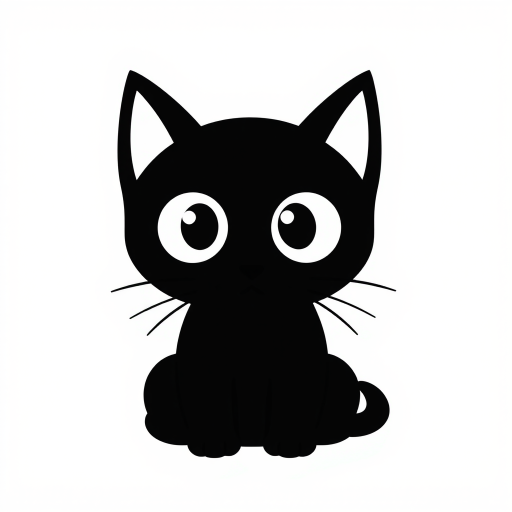 Create a black and white minimalist illustration of a cat. The cat should have large, round eyes and a simplistic, cartoonish style. Its ears should be tall and pointed, and its whiskers should be simple lines extending from its face. The background should be plain white to emphasize the cat's silhouette.