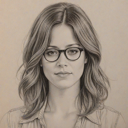 Enticing Kimberly McCullough, pencil sketch, portrait of Stunning woman 1975s in glasses, hair style beatnik, outline, clear lines, fine lines, 8k
